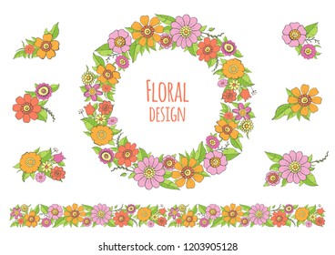 Floral design elements. Hand drawn flowers. Isolated wreath, border and decorative compositions, white background