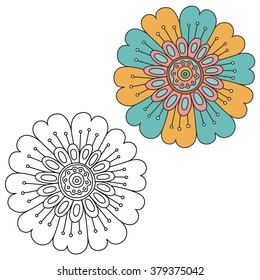Floral design elements. Hand drawn doodle. Black and white and clored vesion. Vector illustration.