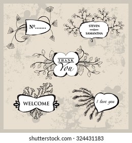 Floral design elements, hand-drawn labels. vector illustration