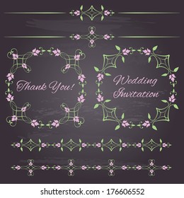 Floral design elements isolated on chalkboard background. Set of vintage decorative calligraphic borders, frames, dividers. Vector illustration. Page decoration. 