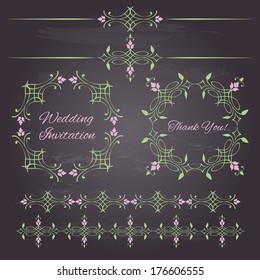Floral design elements isolated on chalkboard background. Set of vintage decorative calligraphic borders, frames, dividers. Vector illustration. Page decoration. 