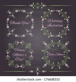 Floral design elements isolated on chalkboard background. Set of vintage decorative calligraphic round frames, dividers. Vector illustration. Page decoration. 