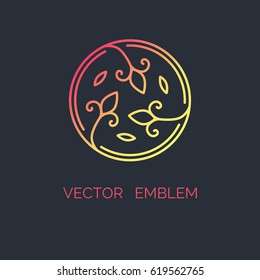 Floral design elements, labels and frames for floral shops,cosmetics packaging, beauty and spa studios in trendy linear style - simple and bright background made with gradient on black background