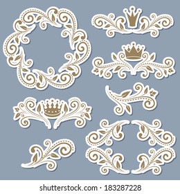 Floral design elements, ornamental vintage royalty frames with crowns in brown color and white border stroke. Vector illustration. Isolated with shadows on blue background. 
