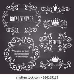 Floral design elements, ornamental vintage frames with crowns in white color. Page decoration. Vector illustration. Isolated on chalkboard background. Can use for birthday card, wedding invitations. 