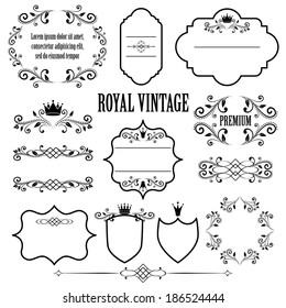 Floral design elements, ornamental vintage frames with crowns in black color. Page decoration. Vector illustration. Isolated on white background. Can use for birthday card, wedding invitations. 