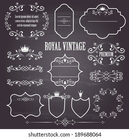 Floral design elements, ornamental vintage frames with crowns in white color. Page decoration. Vector illustration. Isolated on chalkboard background. Can use for birthday card, wedding invitations. 