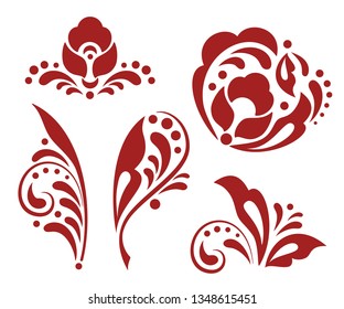 Floral design elements in russian traditional folk style. Monochrome hohloma decor elements. Ethnic floral ornament with leaves, flowers, berries. Isolated vector elements for decoration and design. 