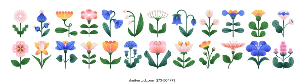 Floral design elements set. Abstract folk style flowers with geometric shapes, delicate petals and leaf. Spring and summer blossoms, nature decor. Flat vector illustration isolated on white background