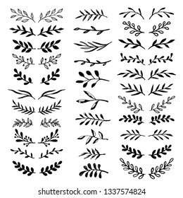 Floral design elements set. Black ornaments. Flowers, leaves, branches. Simple sketch hand drawn decorative doodle borders set isolated on white background