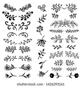Floral design elements set. Black ornaments. Flowers, leaves, branches, plants, herbs. Simple sketch hand drawn decorative borders, vignettes set isolated on white background