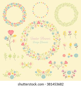 Floral design elements set: flower, laurel, , wreath for wedding, marriage, save the date, greeting, invitations, Valentine's day, birthday. Vector illustration. 