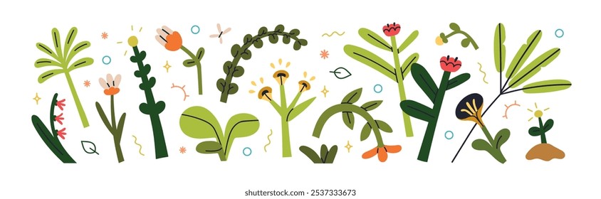 Floral design elements set. Flowers, leaf plants, branches. Botanical decorations in modern style. Leaves, blooms, decorative blossoms, twigs. Flat vector illustration isolated on white background