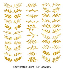 Floral design elements set. Golden ornaments. Flowers, leaves, branches. Simple sketch hand drawn decorative doodle borders set isolated on white background