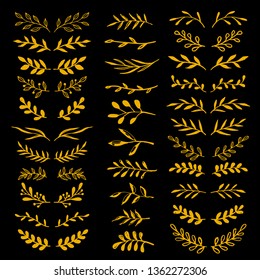 Floral design elements set. Golden ornaments. Flowers, leaves, branches. Simple sketch hand drawn decorative doodle borders set isolated on black background