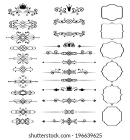 Floral design elements set, ornamental vintage frames with crowns in black color. Page decoration. Vector illustration. Isolated on white background. Can use for birthday card, wedding invitations. 