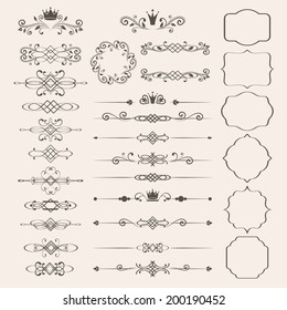 Floral design elements set, ornamental vintage frames with crowns in brown color. Page decoration. Vector illustration. Isolated on beige background. Can use for birthday card, wedding invitations. 