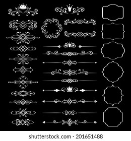 Floral design elements set, ornamental vintage frames with crowns in white color. Page decoration. Vector illustration. Isolated on black background. Can use for birthday card, wedding invitations. 