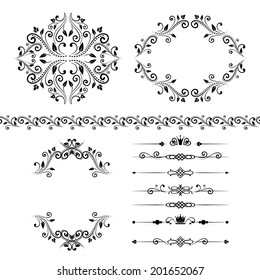 Floral design elements set , ornamental vintage border, frames and dividers in black color. Vector editable illustration. Isolated on white background. Can use for birthday card, wedding invitations.