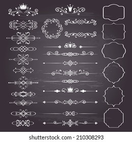 Floral design elements set, ornamental vintage frames with crowns in white. Page decoration. Vector illustration. Isolated on chalkboard background. Can use for birthday card, wedding invitations. 