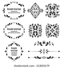 Floral design elements set , ornamental vintage objects, frames and dividers in black color. Vector editable illustration. Isolated on white background. Can use for birthday card, wedding invitations.
