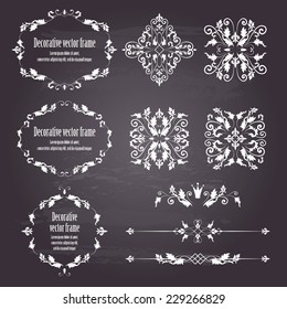 Floral design elements set , ornamental vintage objects, frames and dividers in white. Vector editable illustration. Isolated on chalkboard background. Can use for birthday card, wedding invitations. 