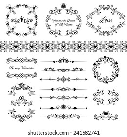 Floral design elements set, ornamental vintage frames with crowns and hearts. Page decoration. Vector illustration. Can use for birthday and valentines card, wedding invitations...
