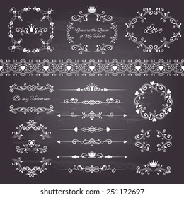 Floral design elements set, ornamental vintage frames with crown in white color. Page decoration. Vector illustration. Isolated on chalkboard background. Can use for birthday card, wedding invitations