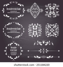 Floral design elements set , ornamental vintage objects, frames and dividers in white color. Vector illustration. Isolated on chalkboard background. Can use for birthday card, wedding invitations