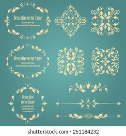 Floral design elements set , ornamental vintage objects, frames and dividers in beige color. Vector editable illustration. Isolated on blue background. Can use for birthday card, wedding invitations 