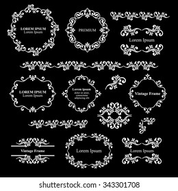 Floral design elements set, ornamental vintage frames, borders in white color. Page decoration. Vector illustration. Isolated on black background. Can use for birthday card, wedding invitations.