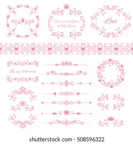 Floral design elements set, ornamental vintage frames with crowns and hearts in pink color. Vector illustration. Isolated on white background. Can use for birthday, valentines card, wedding invitation