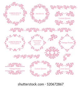 Floral design elements set, ornamental vintage frames, borders in pink color. Page decoration. Vector illustration. Isolated on white background. Can use for birthday card, wedding invitations.