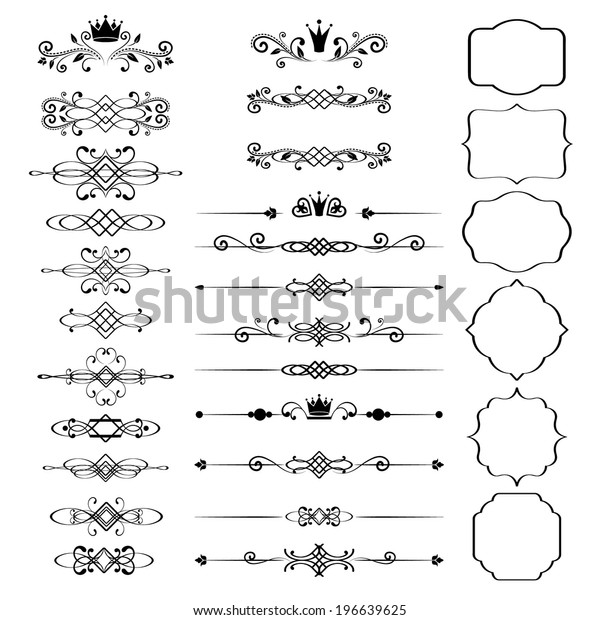 Floral design elements set, ornamental vintage frames\
with crowns in black color. Page decoration. Vector illustration.\
Isolated on white background. Can use for birthday card, wedding\
invitations. 