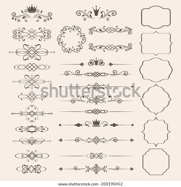 Floral design elements set, ornamental vintage frames\
with crowns in brown color. Page decoration. Vector illustration.\
Isolated on beige background. Can use for birthday card, wedding\
invitations. 