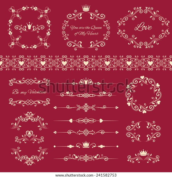 Floral design elements set, ornamental\
vintage frames with crowns and hearts in white color.Vector\
illustration. Isolated on red background. Can use for birthday,\
valentines card, wedding\
invitations