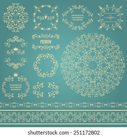 Floral design elements set, vintage frame, borders and round pattern in beige color. Page decoration. Vector illustrations. Isolated on blue background. Can use for birthday card, wedding invitations