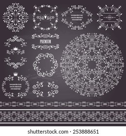 Floral design elements set, vintage frame, borders and round pattern. Page decoration. Vector illustrations. Isolated on chalkboard background. Can use for birthday card, wedding invitations