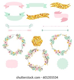 Floral design elements with sparkles. Set with wreath, flowers, ribbons and labels in retro style. Save the Date invitation in vector.