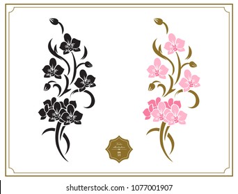 Floral design elements, stencil. Original decoration with branches of exotic tropical flowers. Fine decor with orchids flowers.