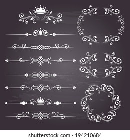 Floral design elements vintage dividers and frames with crowns in white color. Page decoration. Vector illustration. Isolated on chalkboard background. Can use for birthday card, wedding invitations. 