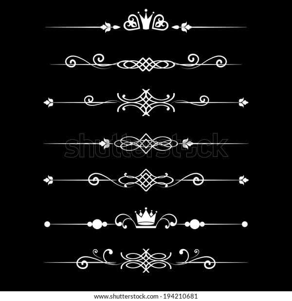 Floral\
design elements vintage dividers with crowns in white color. Page\
decoration. Vector illustration. Isolated on black background. Can\
use for birthday card, wedding invitations.\

