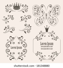 Floral design elements, vintage royalty frames with crowns, ornamental style butterfly in dark brown color. Vector illustration. Isolated on beige background.