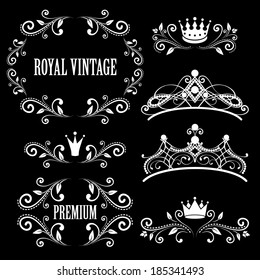 Floral design elements, vintage royalty frames with crowns, ornamental style diadems in white color. Vector illustration. Isolated on black background. 