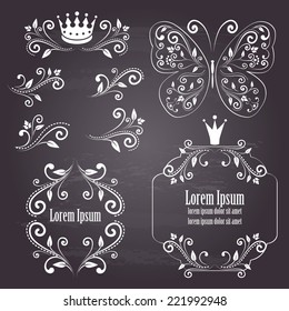 Floral design elements, vintage royalty frames with crowns, ornamental style butterfly in white color. Vector illustration. Isolated on chalkboard background. 