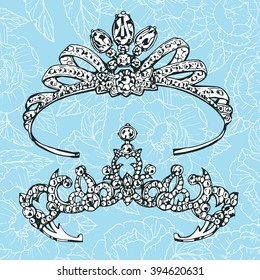 Floral design elements with women's tiara crown wedding. Vector illustration. Isolated on background. 