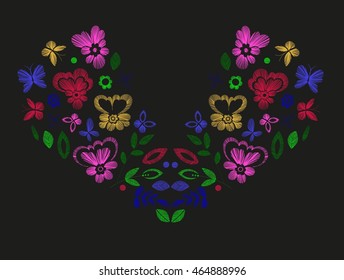 Floral design , embroidery pattern. Colorful vector illustration hand drawn. Fantasy flowers leaves and butterflies. T-shirt designs.

