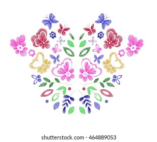 Floral design , embroidery pattern. Colorful vector illustration hand drawn. Fantasy flowers leaves and butterflies. T-shirt designs.

