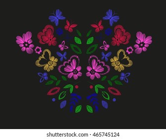 Floral design , embroidery pattern. Colorful vector illustration hand drawn. Fantasy flowers leaves and butterflies. T-shirt designs.

