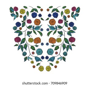 Floral design , embroidery pattern. Colorful vector illustration hand drawn. Fantasy flowers leaves. T-shirt designs.